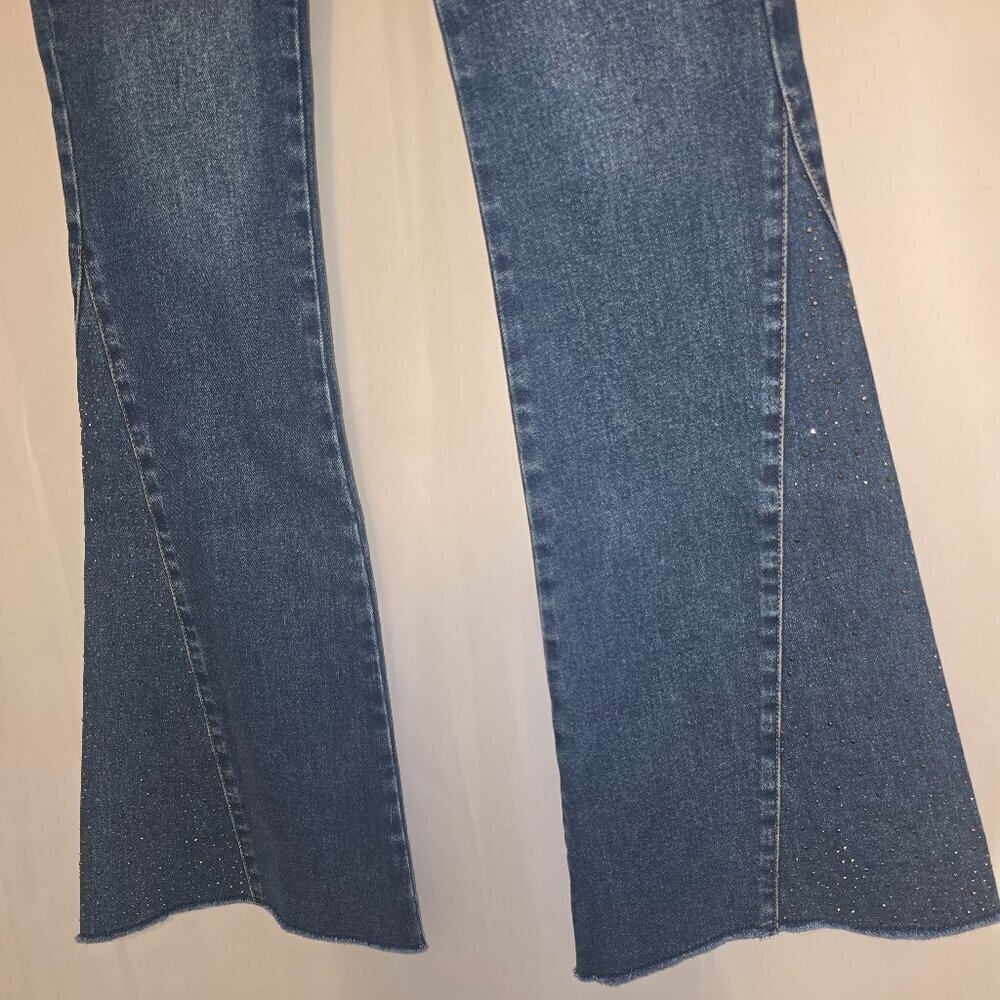 TRACTR Denim Blue Jean Flare Midrise with rhinestone Raw Hem
